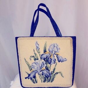 Vintage blue and cream colored crochet-needle work floral print tote.